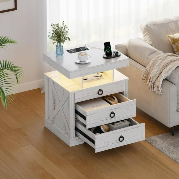 Nightstand with Lockable Gun Drawer,Charging Bedside Table with 3-Color LED Lights,Farmhouse Night Stand with Human Sensor Design, Modern End Table for Bedroom,White