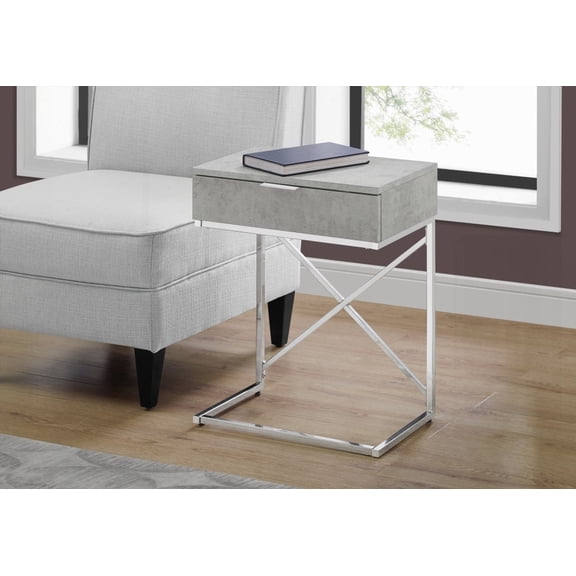 Nightstand Made of Grey Laminate and Chrome Metal, Has a Spacious Rectangular Top and a Storage Drawer