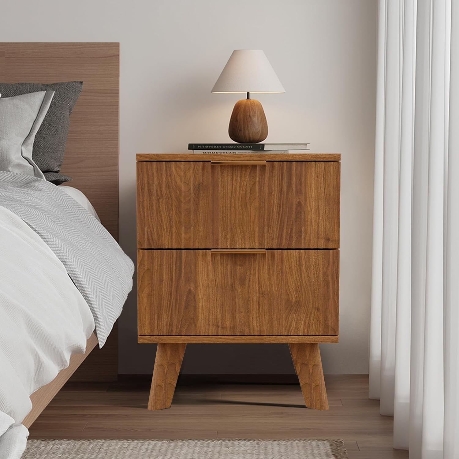 Nightstand Mid Century Modern Bedside Table with 2 Drawers, Accent ...