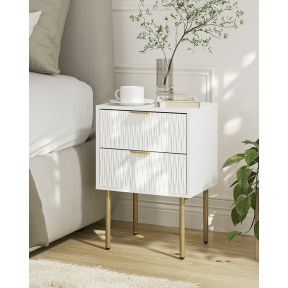 Nightstand,Mid-Century Modern Bedside Table with 2 Storage Drawer,Small Gold Frame Side End Table for Bedroom,Living Room, White