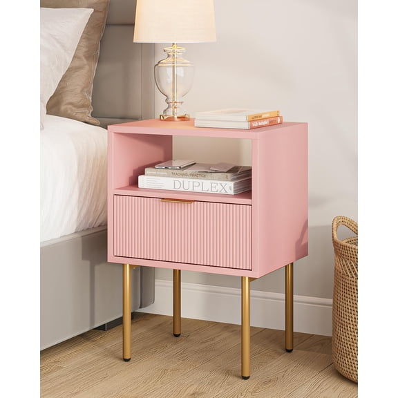 Nightstand,Mid-Century Modern Bedside Table with Storage Drawer and Open Wood Shelf,Small Gold Frame Side Table for Bedroom,Living Room,White