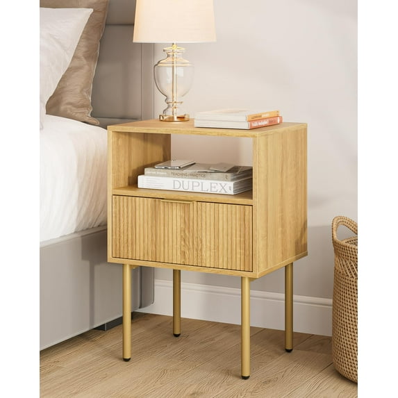 Nightstand,Mid-Century Modern Bedside Table with Storage Drawer and Open Wood Shelf,Small Gold Frame Side Table for Bedroom,Living Room,