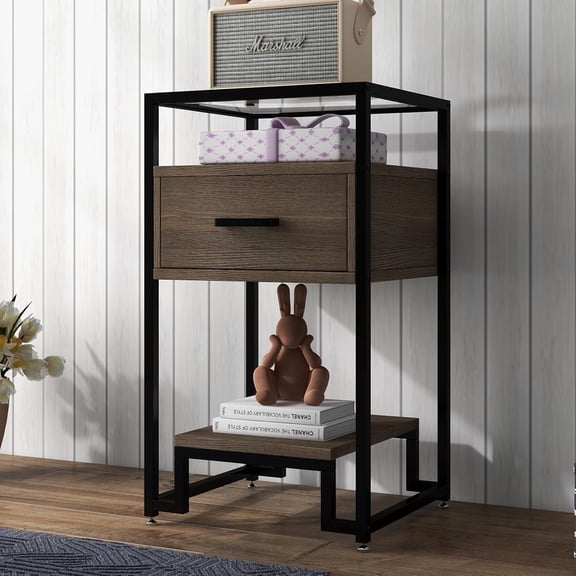Nightstand, Mid Century Modern End Table with Storage Drawer and 3-Tier Storage & Tempered Glass Top, Bedside Furniture with Steel Frame for Bedroom, Dorm, Easy Assembly, Black and Rustic Brown