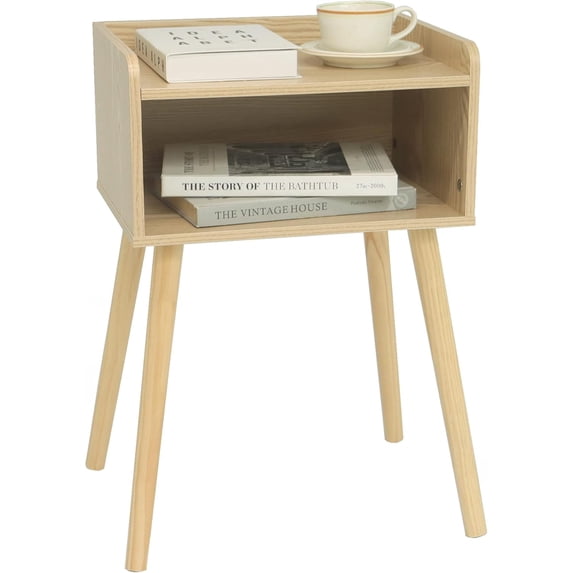 Nightstand, Mid Century Modern Side Table Bedroom with Storage, Small End Bedside Table with Solid Wood Legs for Living Room, Office Small Spaces (Natural)