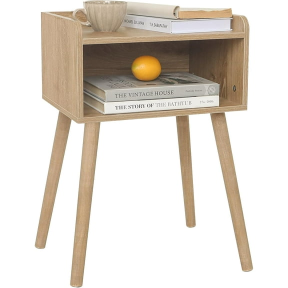 Nightstand, Mid Century Modern Side Table Bedroom with Storage, Small End Bedside Table with Solid Wood Legs for Living Room, Office Small Spaces (Rustic Walnut)