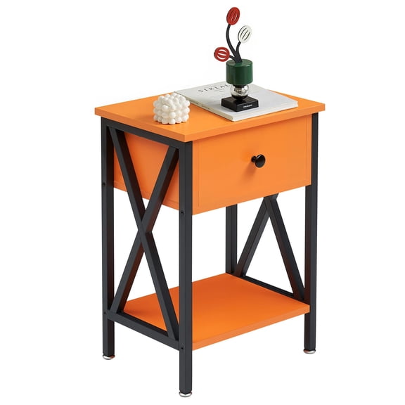 Nightstand, Modern Bedside End Table, Night Stand With Drawer And Storage Shelf For Living Room Bedroom, Industrial Metal Frame, Vivid Orange, 1-Pack