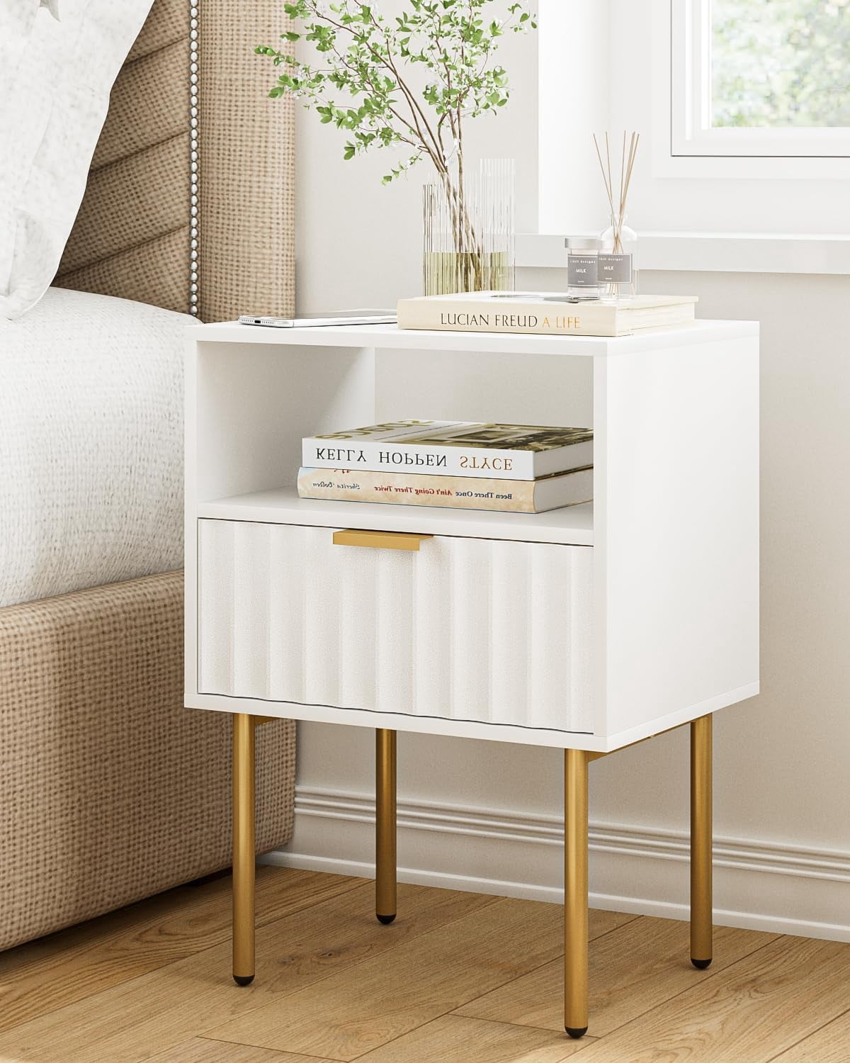 Nightstand,Modern Bedside Table with Gold Frame,White Night Stand ...