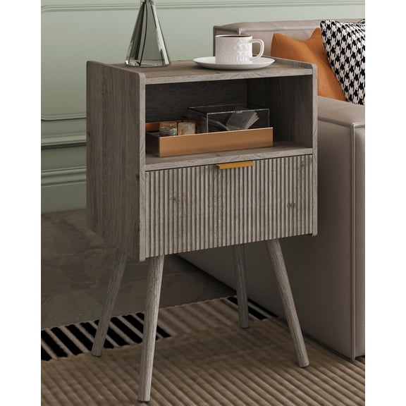 Nightstand,Modern Bedside Table with Storage Drawer and Open Wood Shelf, Accent Night Stand with Solid Wood Legs for Living Room, Bedroom and Small Spaces,Easy Assembly (Grey Oak)