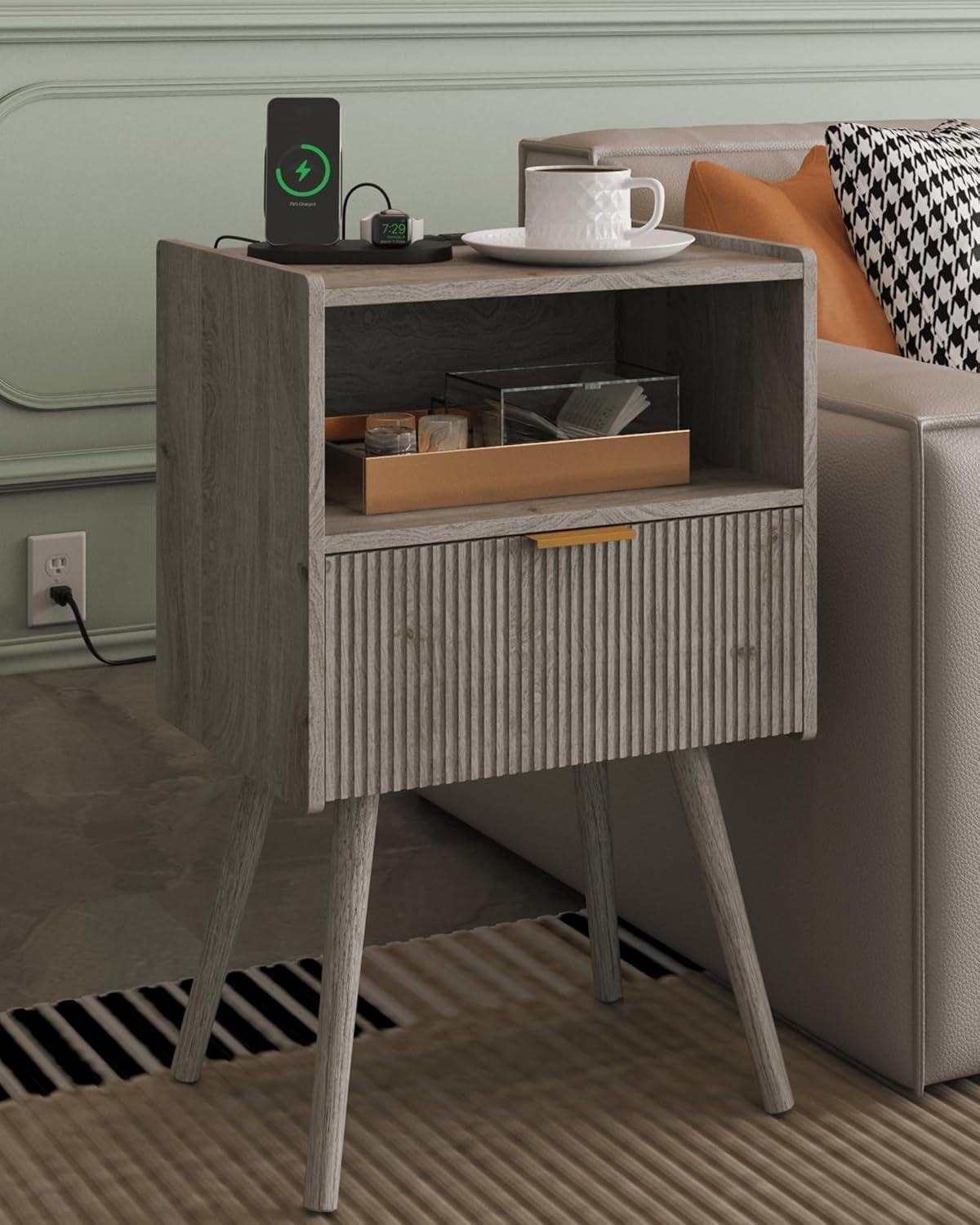 Modern Nightstand With Fabric Drawer & Open Shelf - Solid Wood Legs, Brown (15.7x11.8x24.4 In)