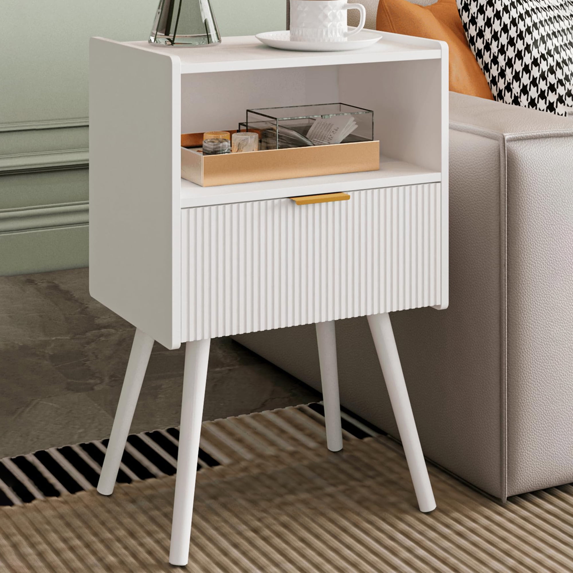 Nightstand,Modern Bedside Table with Storage Drawer and Open Wood Shelf ...