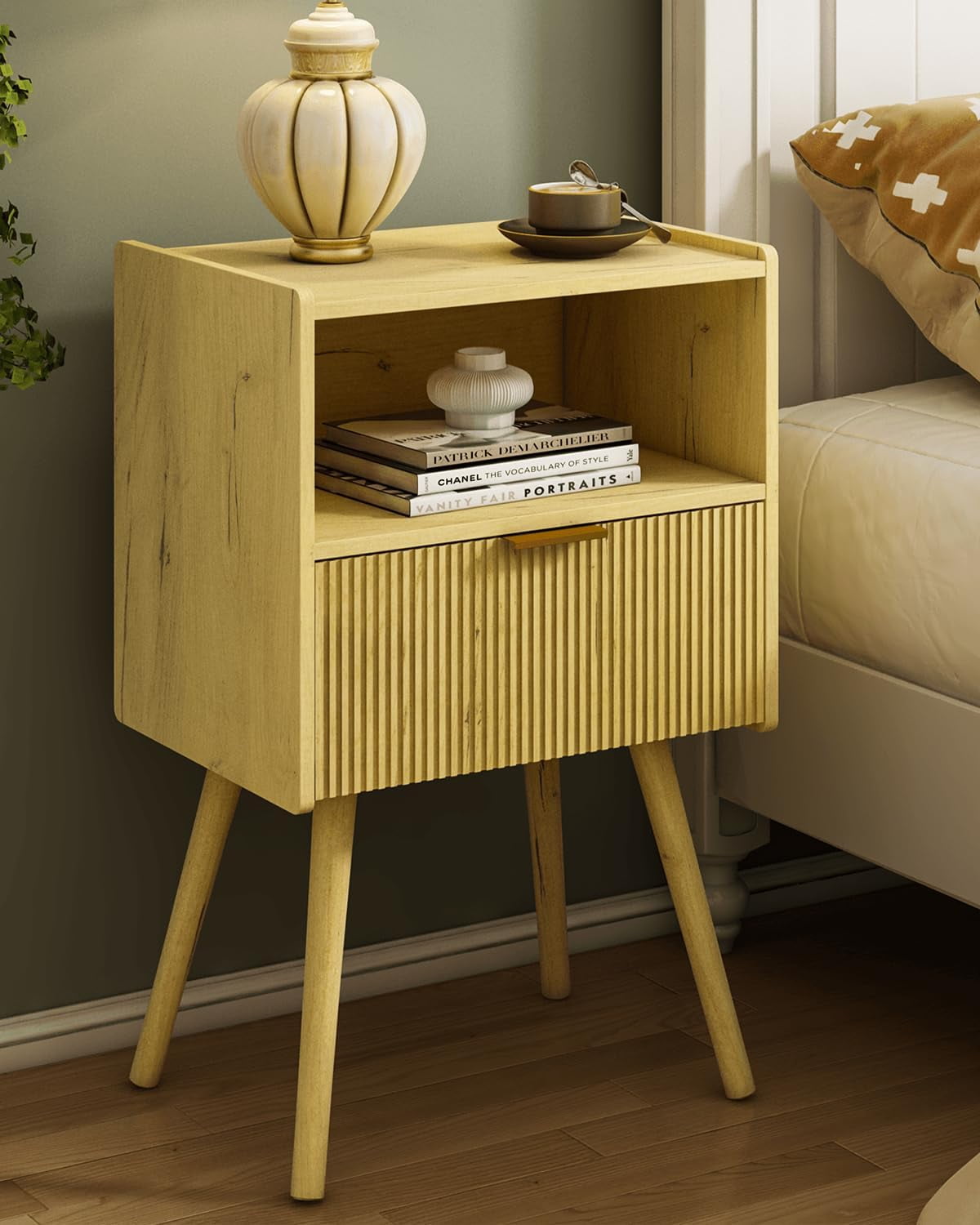 Nightstand, Modern Bedside Table with Storage Drawer and Open Wood ...