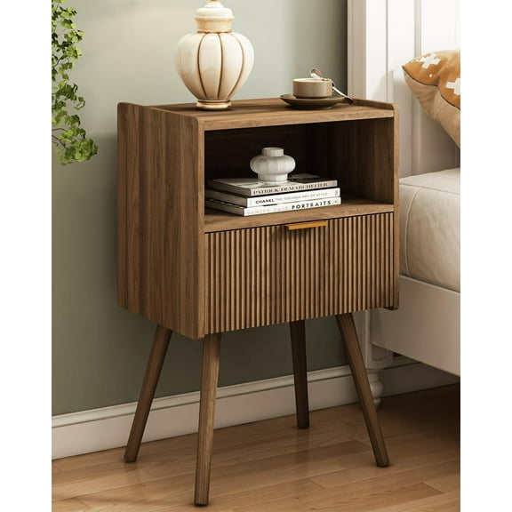 Nightstand,Modern Bedside Table with Storage Drawer and Open Wood Shelf, for Living Room, Bedroom and Small Spaces, Accent Night Stand with Solid Wood Legs