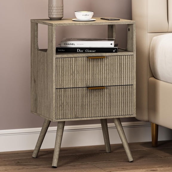 Nightstand,Modern Bedside Table with 2 Storage Drawer and Open Wood Shelf, for Bedroom and Small Spaces,Night Stand with Solid Wood Legs