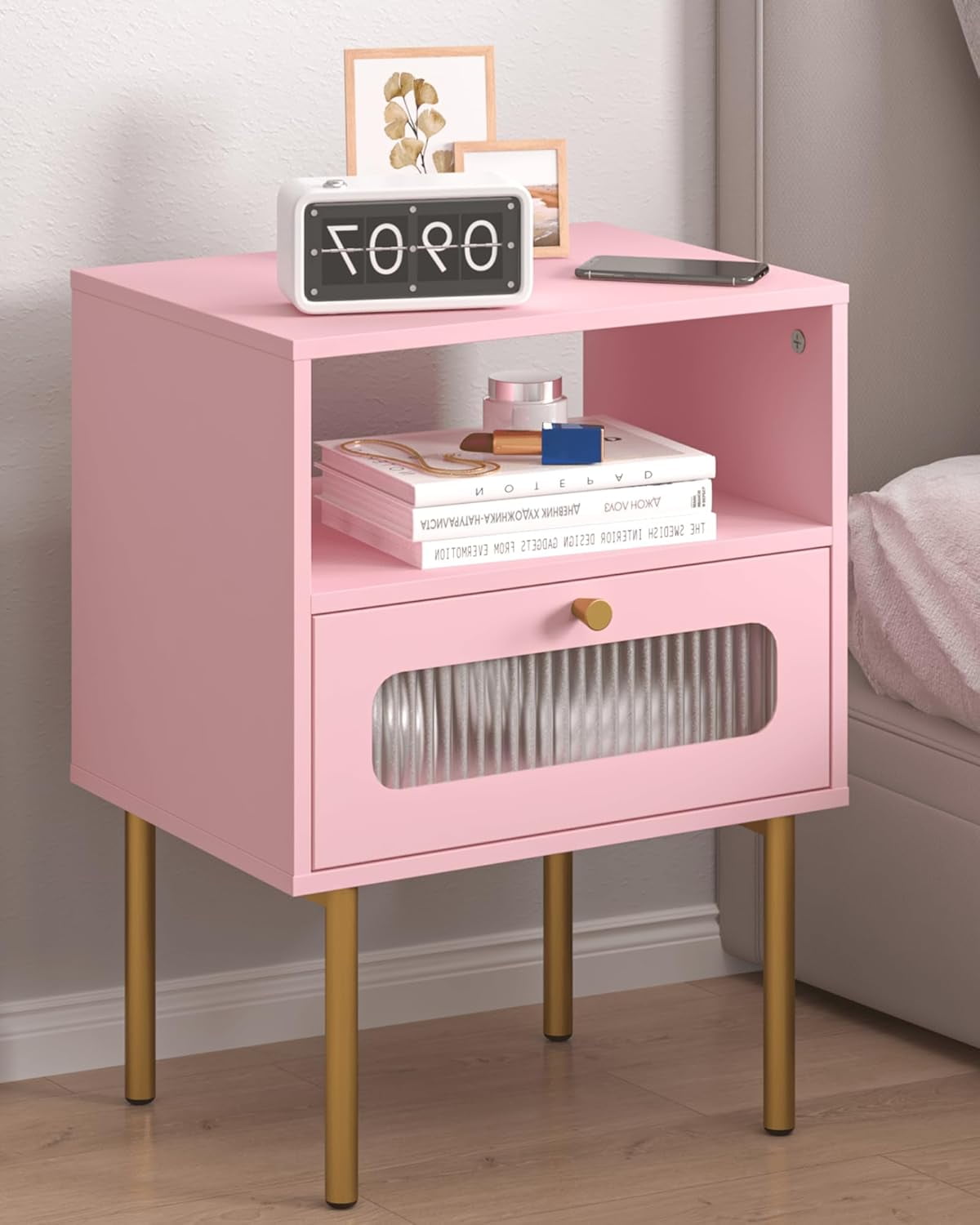 Nightstand,Modern Beside Table with Storage Drawer and Open Wood Shelf,Small End Side Table with Glass Decorative Door and Gold Frame,for Living Room,Bedroom (Pink)