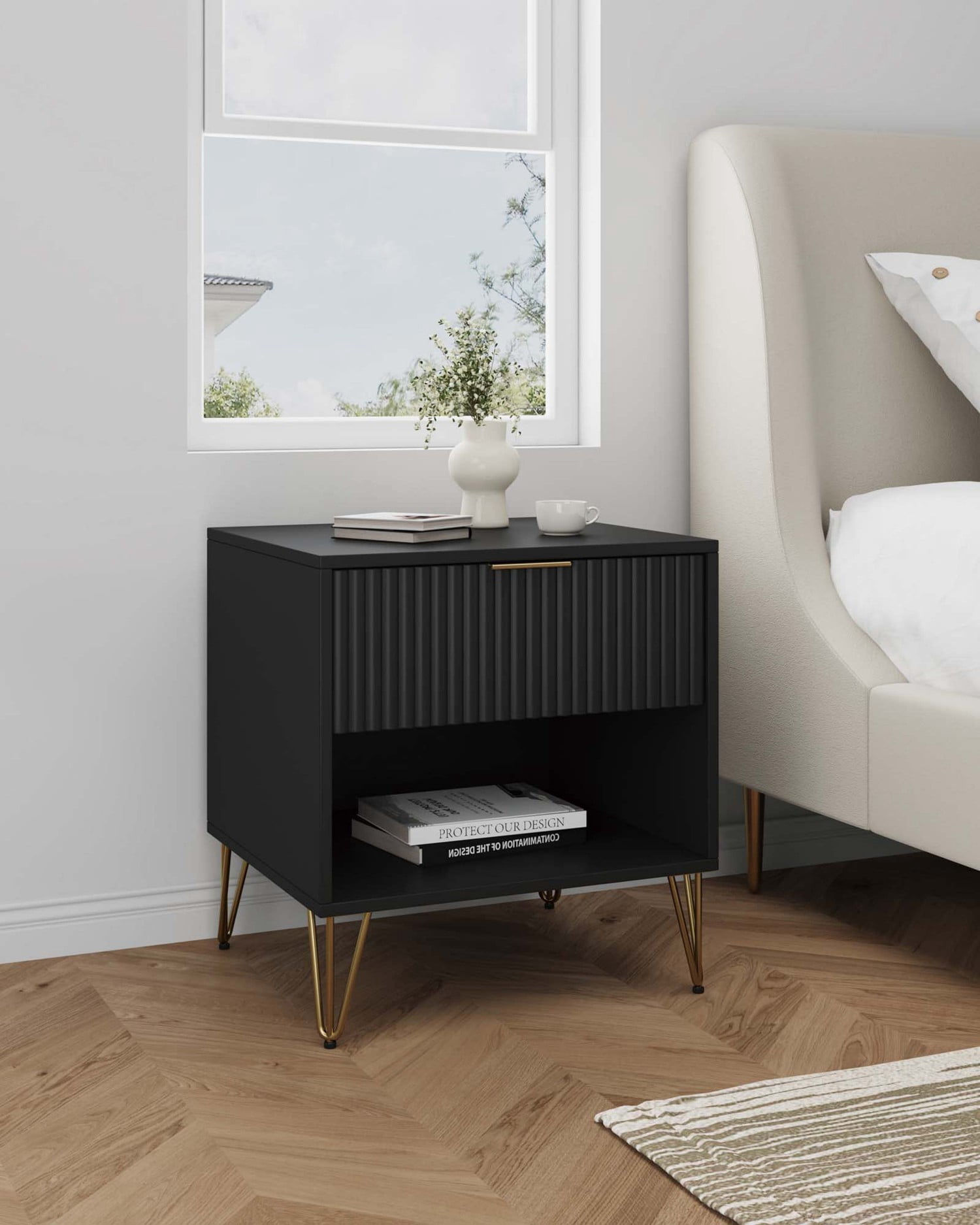 Nightstand, Modern Glam Bedside Table with 1 Drawer, Vertical Ribbed Texture, Gold Handle and Splayed Metal Legs, Storage End Table for Bedroom Living Room, Black