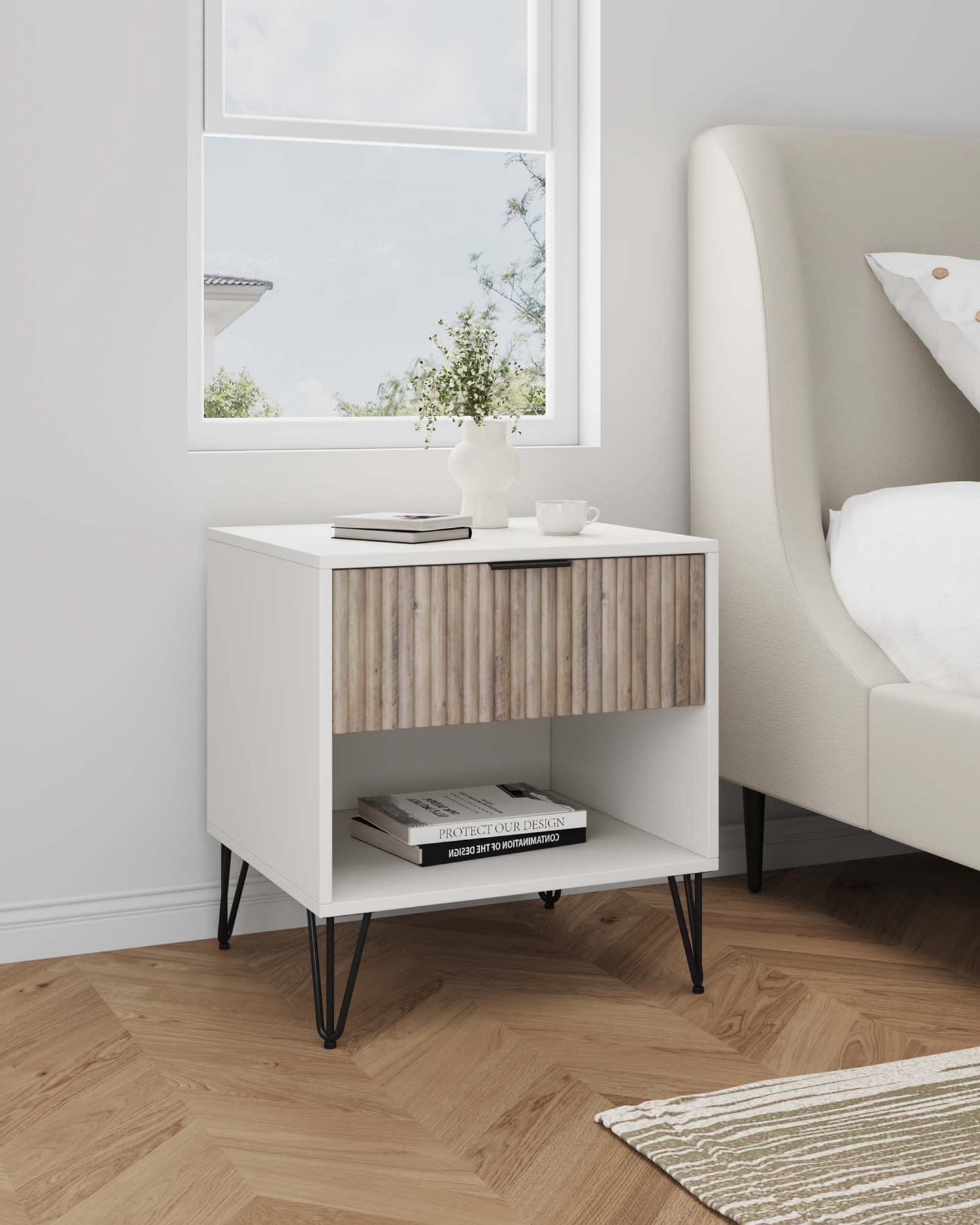 Nightstand, Modern Glam Bedside Table with 1 Drawer, Vertical Ribbed Texture, Gold Handle and Splayed Metal Legs, Storage End Table for Bedroom Living Room, Grey & White