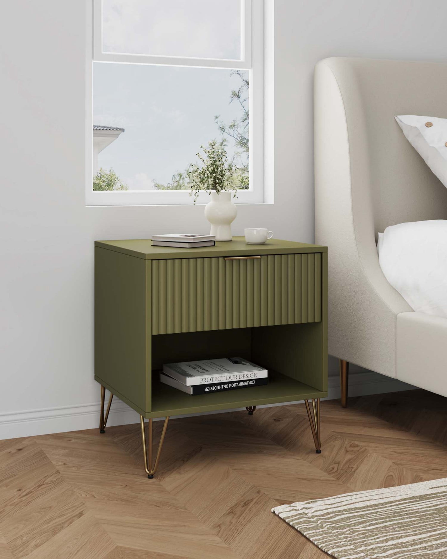 Nightstand, Modern Glam Bedside Table with 1 Drawer, Vertical Ribbed Texture, Gold Handle and Splayed Metal Legs, Storage End Table for Bedroom Living Room, Olive Green