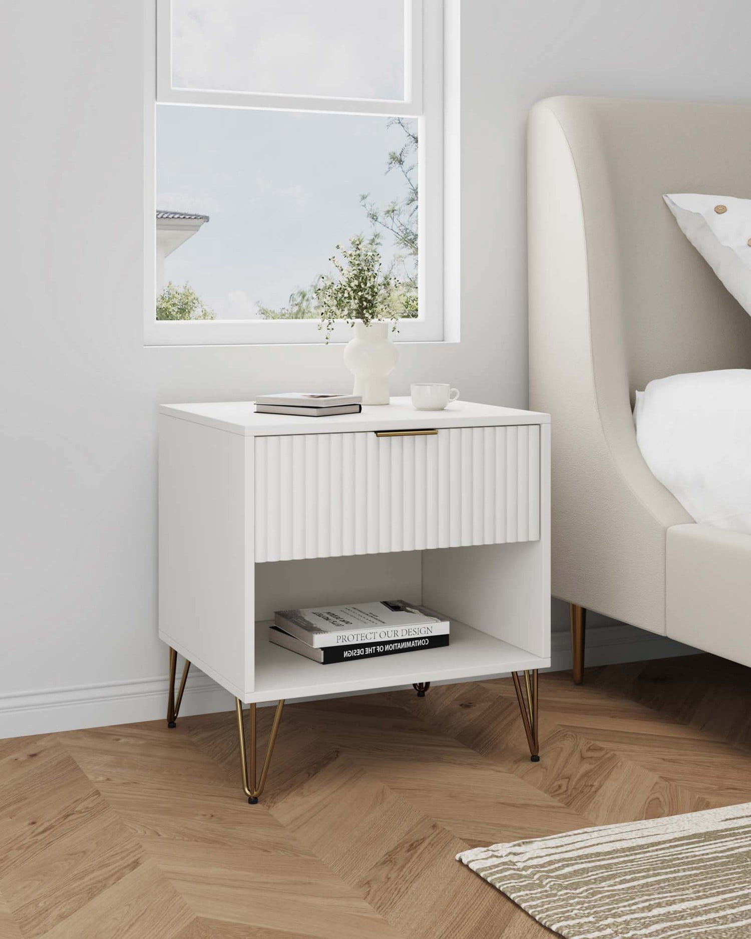 Nightstand, Modern Glam Bedside Table with 1 Drawer, Vertical Ribbed Texture, Gold Handle and Splayed Metal Legs, Storage End Table for Bedroom Living Room, White