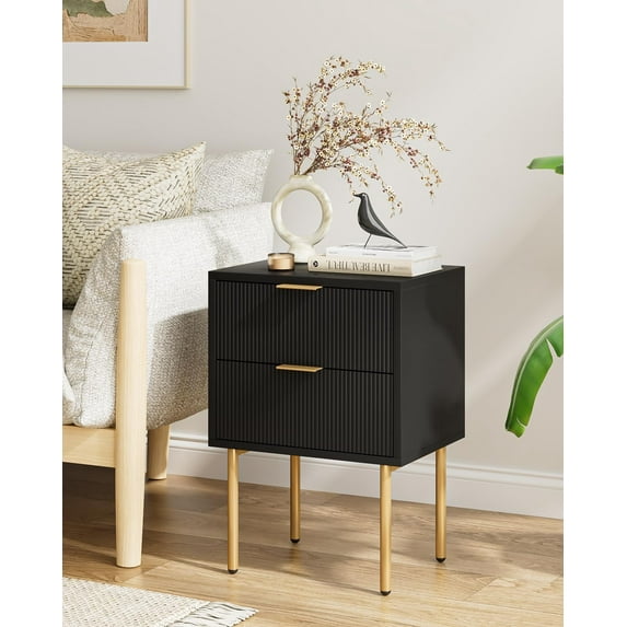 Nightstand, Modern Night Stand with Drawers, Bedside Table, Gold Small Side Table for Bedroom, Living Room End Table (2 Drawers, Black Stripe)