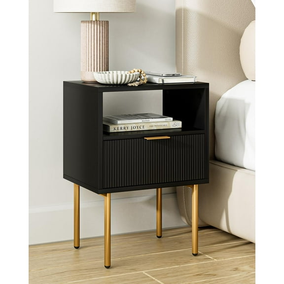 Nightstand Morden Bedside Table with Gold Frame Small Night Stand End Table Bedside Furniture Side Table with Drawer and Shelf for Bedroom Living Room (Drawer )