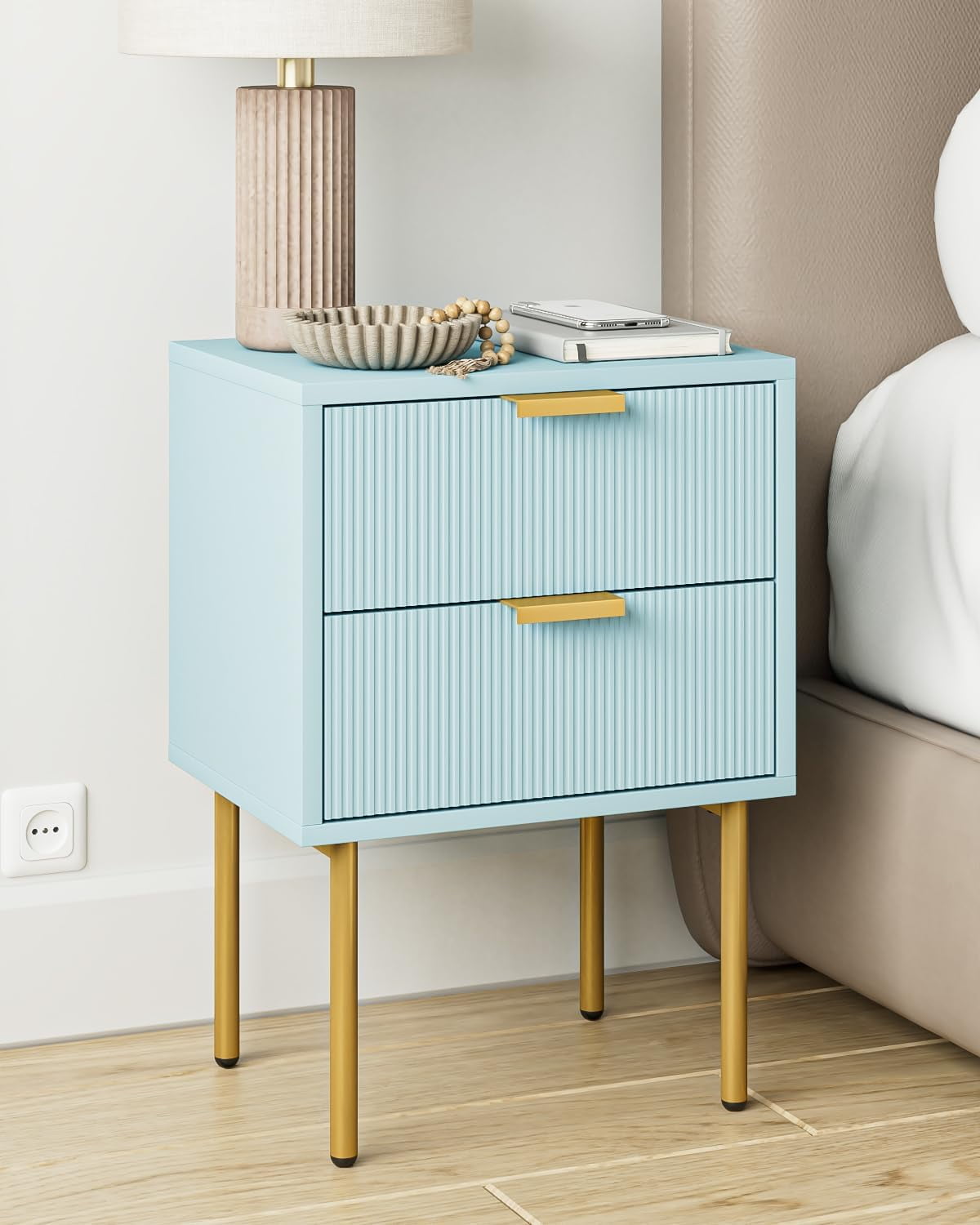 Modern End Table Modern White Nightstand With Charging Station & Gold ...