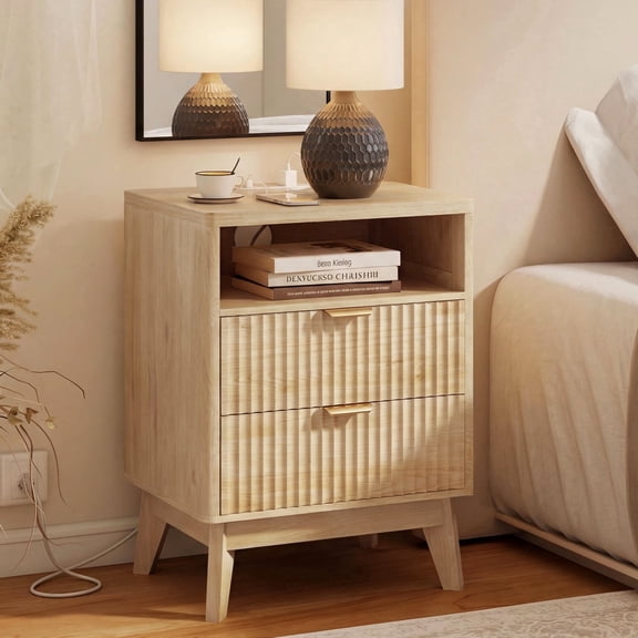 Roofar 17.7"W 2-Drawer Narrow Fluted Nightstand for Bedroom,Small Wood Bedside Table with 2 Storage Drawers and Charging Station,Nature