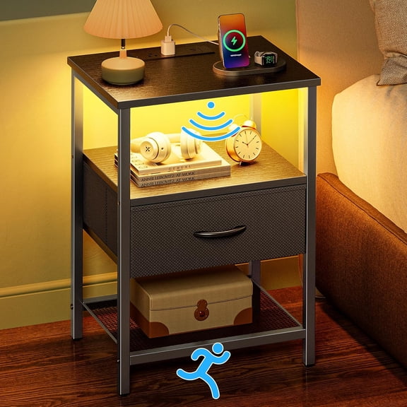 Nightstand with Nightlight and Charging Station, LED Night Stand with Motion Sensor Light, Bedside Table with Fabric Drawer, End Table with Storage, Narrow Side Table with Mesh Shelf, Black