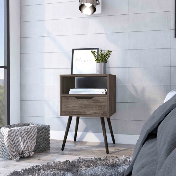 Nightstand with One Drawer and Open Shelf | For Bedroom Use and Decoration | Made of White - Light Oak Particleboard | Helps Keep Decorations and Books in Order