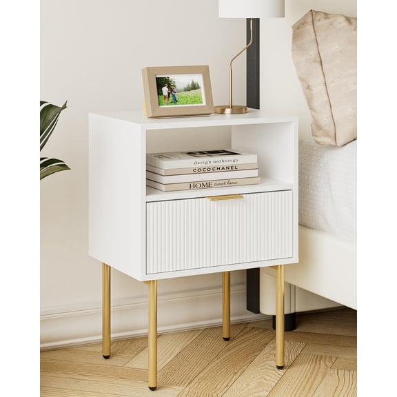 Nightstand with One Drawer, White Stripe Night Stand and Gold Frame | Modern Storage Bedside Table with Spacious Drawer, Small Side End Table for Bedroom, Living Room, 15.35"W x 11.42"D x 22.44"H