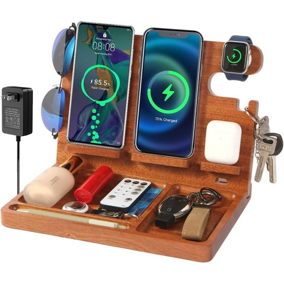 Nightstand Organizer with 4 Wireless Charger for 2 iPhone/Android Phone,Apple Watch,Airpod,Wood Phone Docking Station,27W Fast Wireless Charging Station,Wallet/Key Holder,Gifts for Dad/Men
