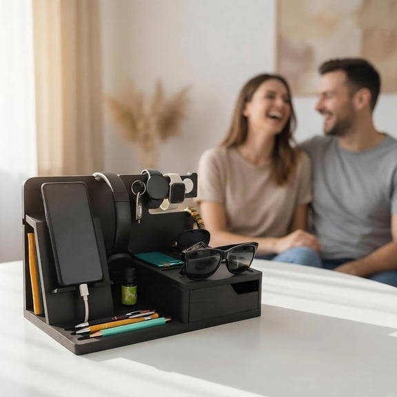 Nightstand Organizer- Bedside Docking Station for Men-  Gifts for Husband, Father or Dad from Wife, Son or Daughter- Desk Organizer for Phone, Watches, Wallet & Accessories (Black)