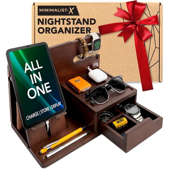 Nightstand Organizer- Bedside Docking Station for Men-  Gifts for Husband, Father or Dad from Wife, Son or Daughter- Desk Organizer for Phone, Watches, Wallet & Accessories (Brown)