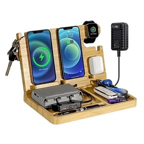 Nightstand Organizer Built in 4 Wireless Charger for Two Phones, Bamboo Phone Docking Station Compatible with iPhone,Samsung,iWatch,Airpod,Valet Tray Gift for Men