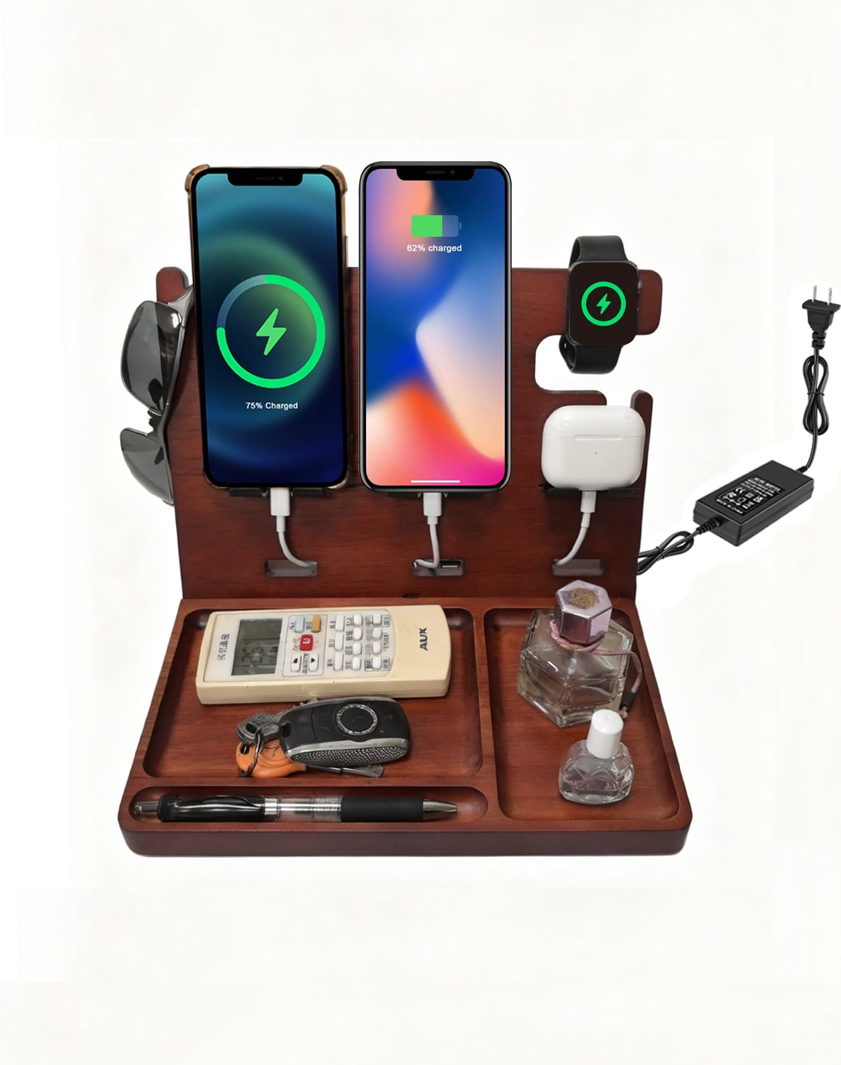 Nightstand Organizer Built-in Type C Charger Fast Charging,2 USB C & 2 USB A Charging Station for Multiple Devices Apple Samsung Google, Wood Phone Stand for Desk,Anniversary Birthday Gifts For