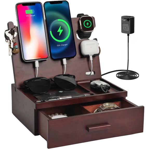 Nightstand Organizer with Drawer Built in 4 USB Quick Charger, Wood ...