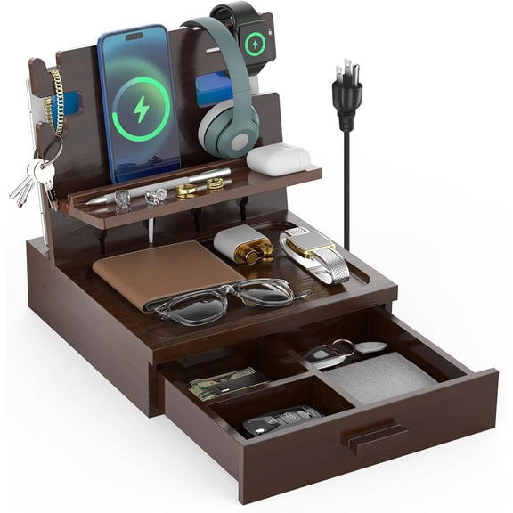 Nightstand Organizer for Men with Drawer Wood Docking Station with USB Ports and AC Outlets, Gifts for Men, Holds Phone, Tablet, Keys, Glasses, Earphones Etc（Brown）