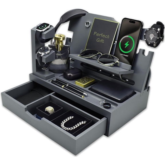 Nightstand Organizer for Men with Large Drawer, Wood Phone Docking Station for Phone, Apple Watch, Wallet & Keys, Ideal Birthday Gift for Father Husband, Bedside Desk Organizer (Grey)