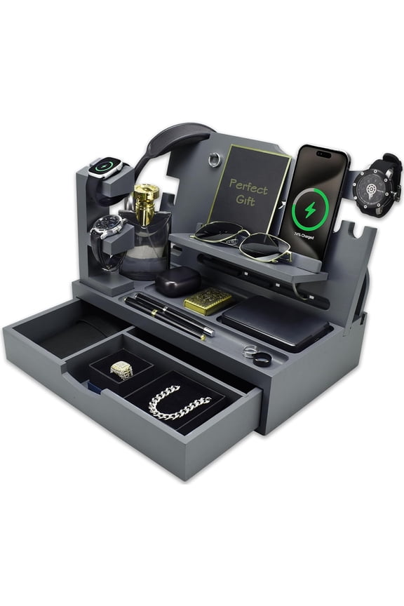 Nightstand Organizer for Men with Large Drawer, Wood Phone Docking Station for Phone, Apple Watch, Wallet & Keys, Ideal Birthday Gift for Father Husband, Bedside Desk Organizer (Grey)