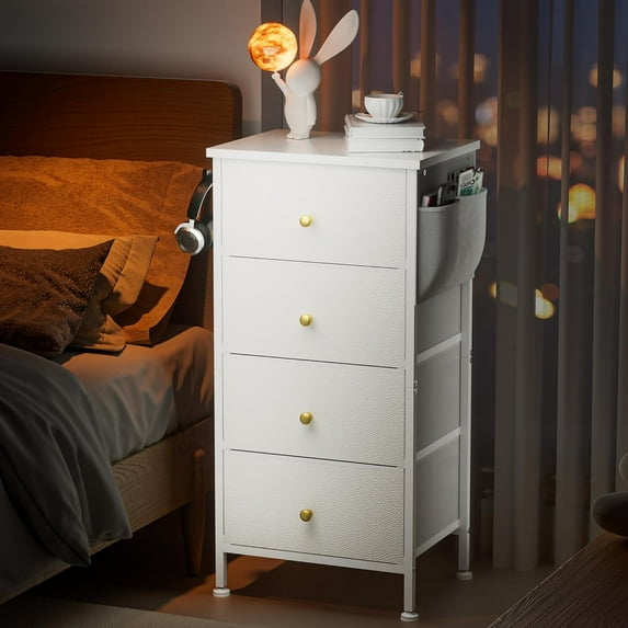 Nightstand Organizer, Modern Nightstand, White Nightstand, Tall Narrow Nightstand, Vertical Storage Tower, 4 Drawer Dresser for Bedroom, Night Stand with Drawer, Tall Nightstand