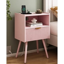 Nightstand with Oultlet,Modern Bedside Table with Storage Drawer and Open Wood Shelf, for Living Room, Bedroom and Small Spaces, Accent Night Stand with Solid Wood Legs, Easy Assembly,Pink