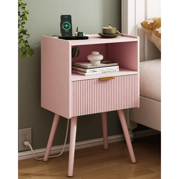 Nightstand with Oultlet,Modern Bedside Table with Storage Drawer and Open Wood Shelf, for Living Room, Bedroom and Small Spaces, Accent Night Stand with Solid Wood Legs, Easy Assembly,Pink