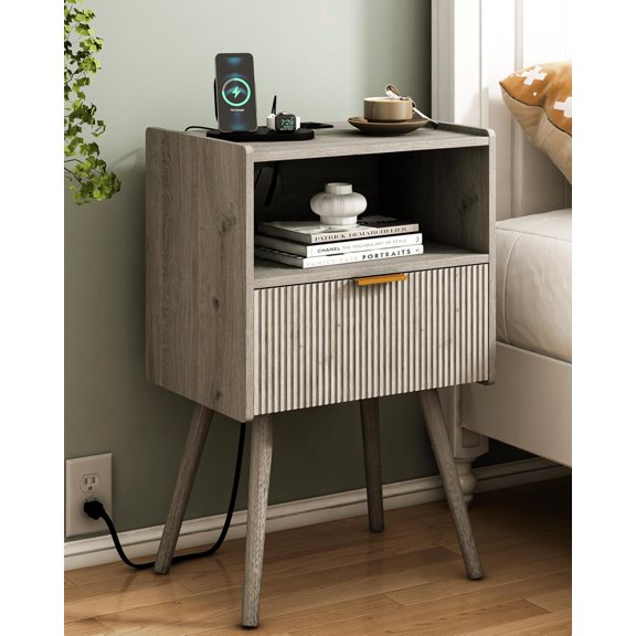 Nightstand with Outlet,Modern Bedside Table with Storage Drawer and Open  Shelf, for  Room,  and Small Spaces, Accent Night Stand with Solid  , Easy Assembly,Grey Oak