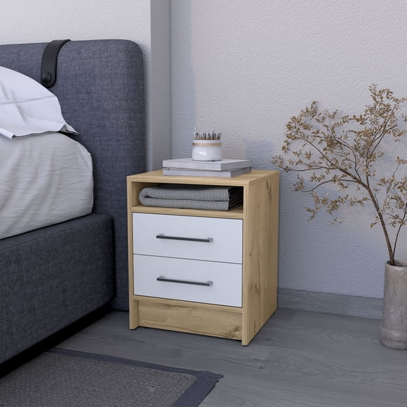 Nightstand, Particle Board Bedside Table with 2 Drawers and Open Storage Shelf, 19.9" H x 15.7" W x 14.7" D, White and Light Oak Finish with Metal Handles for Bedroom and Living Room