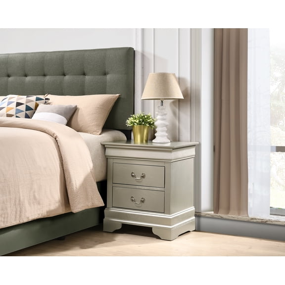 Nightstand, Particle Board Bedside Table with Silver Champagne Finish, Traditional Style Bedroom Storage, Fully Assembled, 24"H x 22"W x 16"D, Easy-to-Clean Surface, Champagne Color