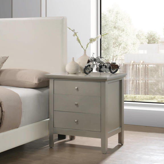 Nightstand, Particle Board End Table with Elegant Silver Champagne Finish, Compact 26"H x 24"W x 18"D Bedside Table for Bedroom, Fully Assembled Space-Saving Storage Side Table