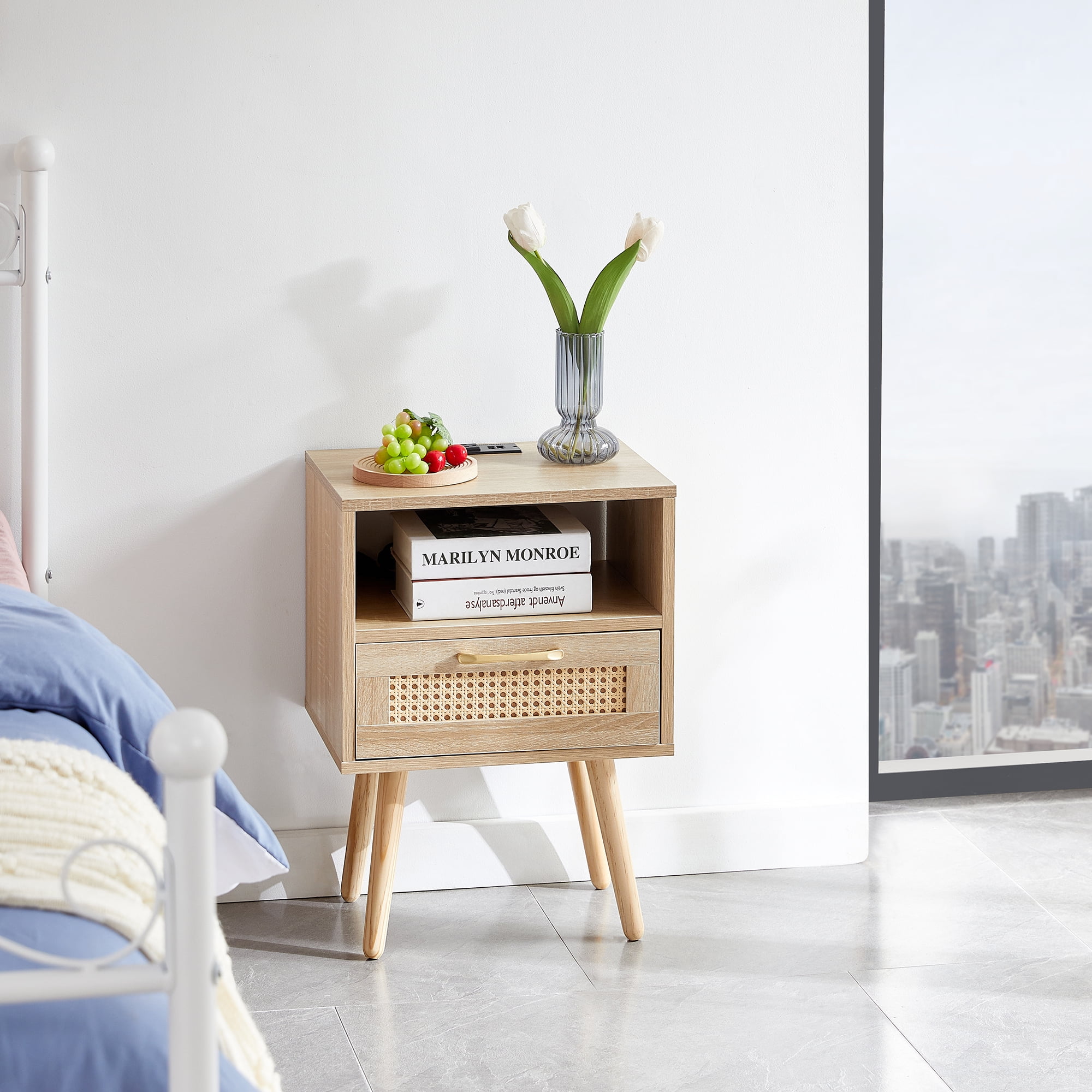 Nightstand,Rattan Small Nightstand with Power Outlet & USB Ports, for