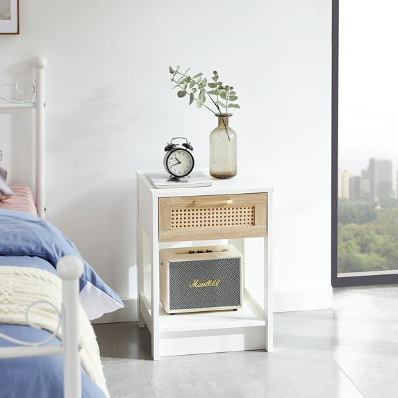 Nightstand,Rattan Small Nightstand for Bredroom, 1 Drawer Storage and Open Shelf Side Table for Bedroom,Living Room,Entryway,White