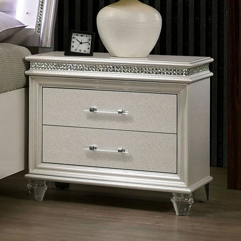 Rosdorf Park Crystal and Mirror Accents Nightstand with 2 Drawers Pearl White