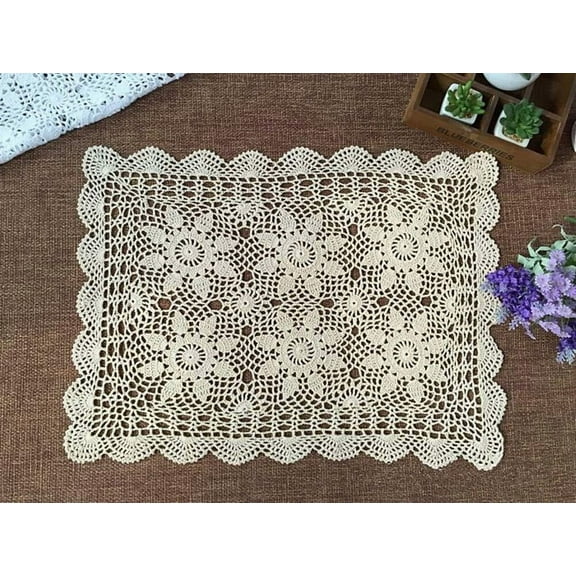 Nightstand Scarf Handmade Crochet Lace Table Cloth Doilies Placemat Dining Room Mats 15inch by 23inch Beige Color