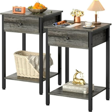 Nightstand Set of 2, 2 Pack Bedside Table with Storage, 3-Tier Night Stand with Private Wood Drawer, Small End Side Tables for Small Space, Bedroom, Sofa Side, Grey
